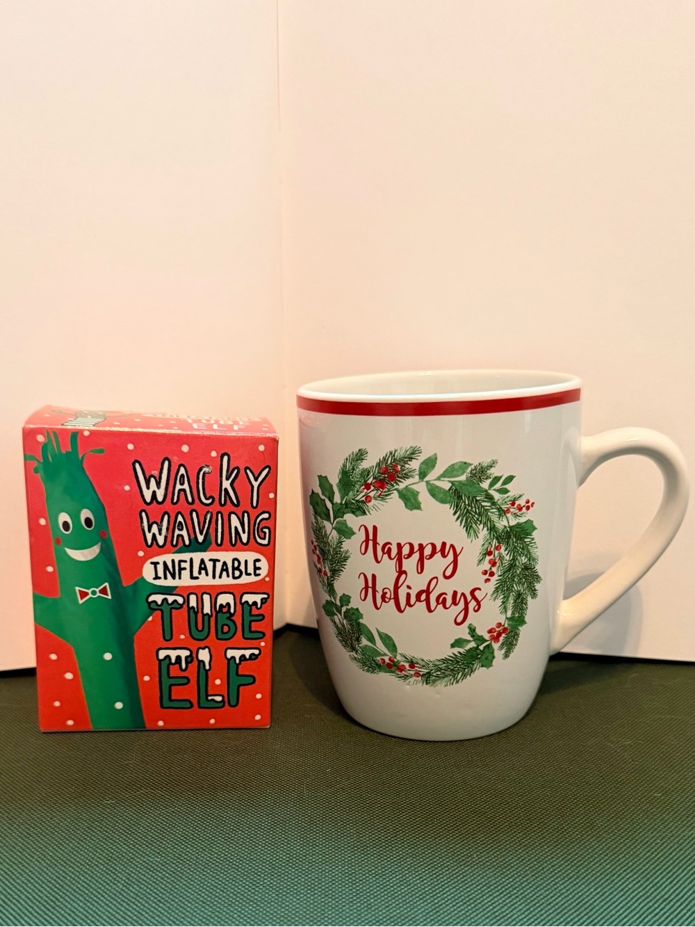 Happy Holidays Holiday Wreath Mug and Wacky Waving Inflatable Tube Elf
